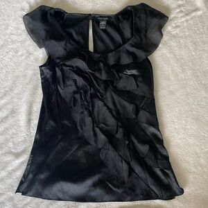 White House Black Market Ruffle Satin Silk Black Blouse